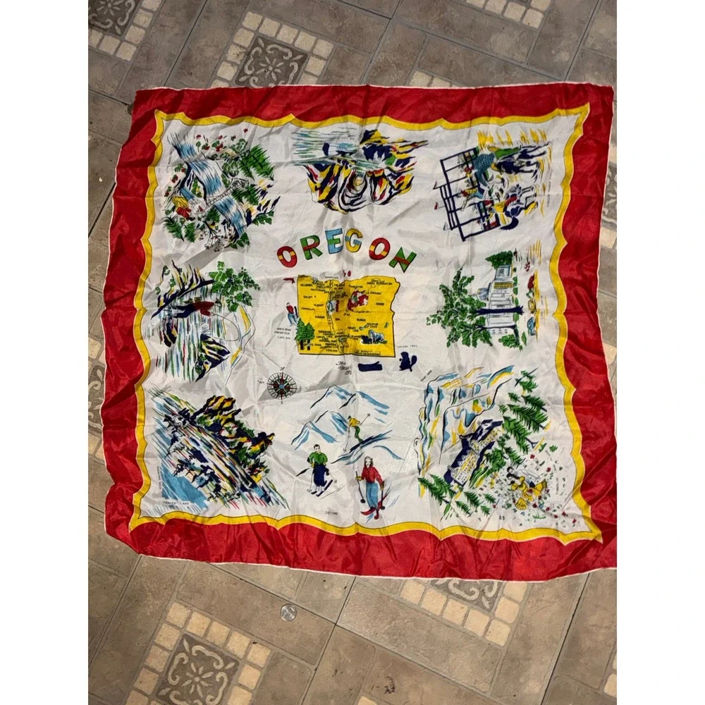Vintage Oregon Souvenir Scarf Rayon Silk Blend Map Japan Red White Yellow Square